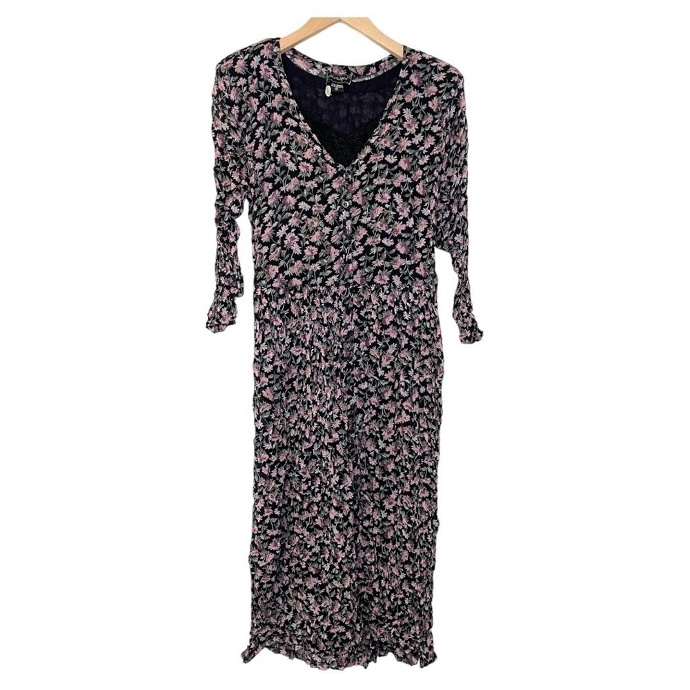 Vintage dark floral v neck lace accent maxi dress small